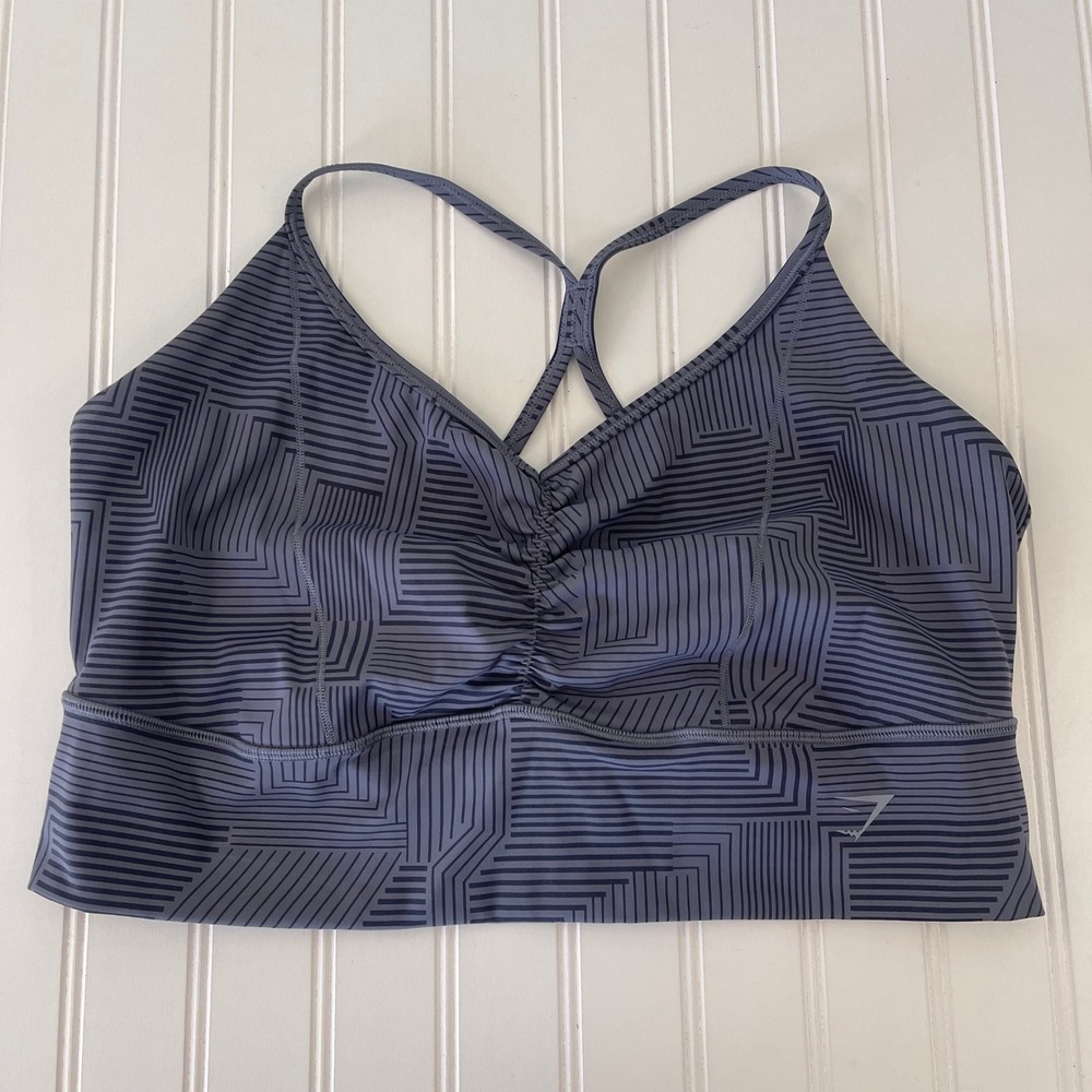 Gymshark Womens XXL Gray Geometric Maze Print Ruched Strappy Longline Sports Bra